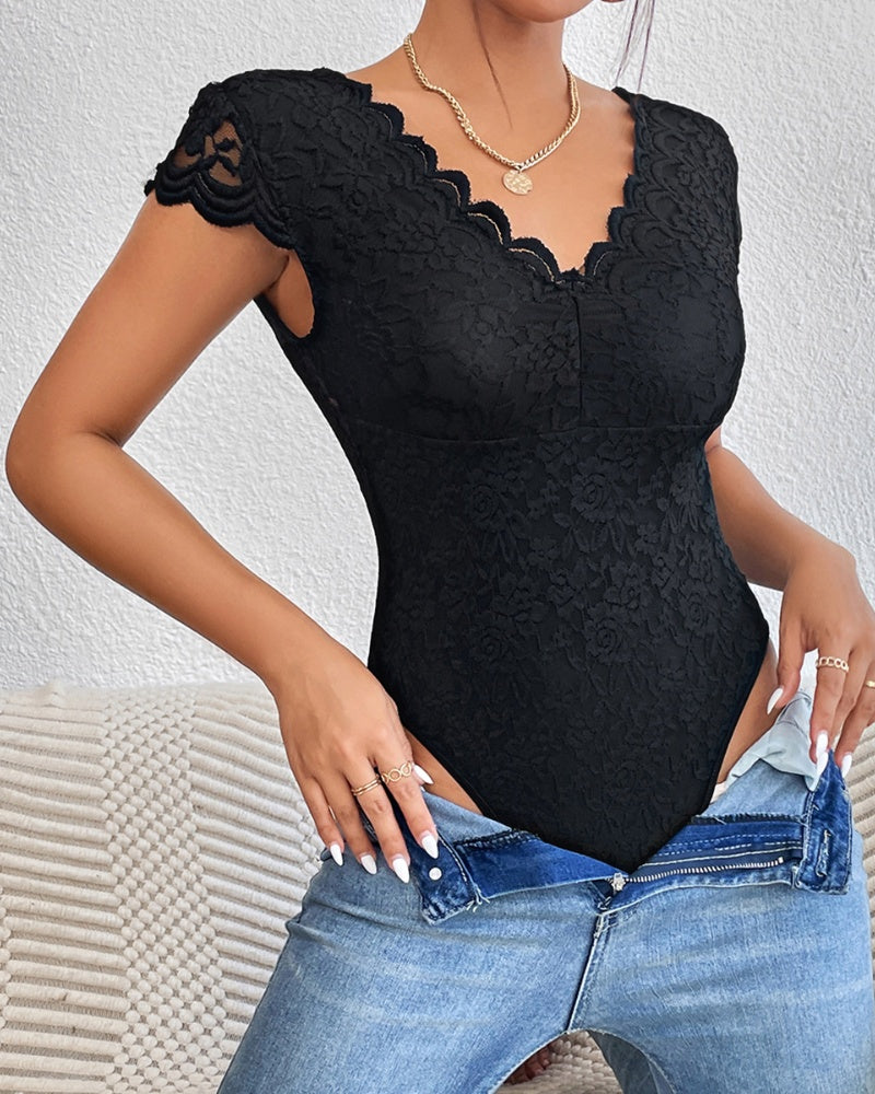 Sexy Deep V Neck Lace Short Sleeve Bodysuit One Piece Slim Fit Body Shaper