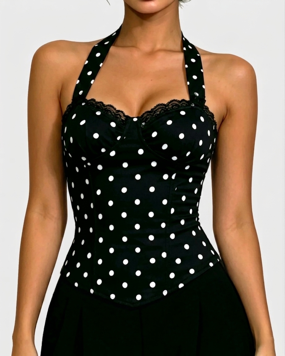 Polka Dot Lace Trim Halter Corset Top with Lace Up Back - By Qivii