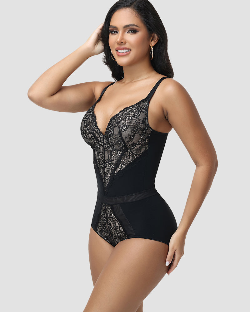 Shapshe® Elegant Lace Trim Deep V-Neck Shapewear Bodysuit