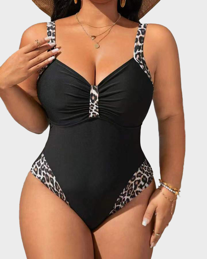 Leopard Patchwork Ruched V Neck Wide Strap One Piece Swimsuit - By Qivii