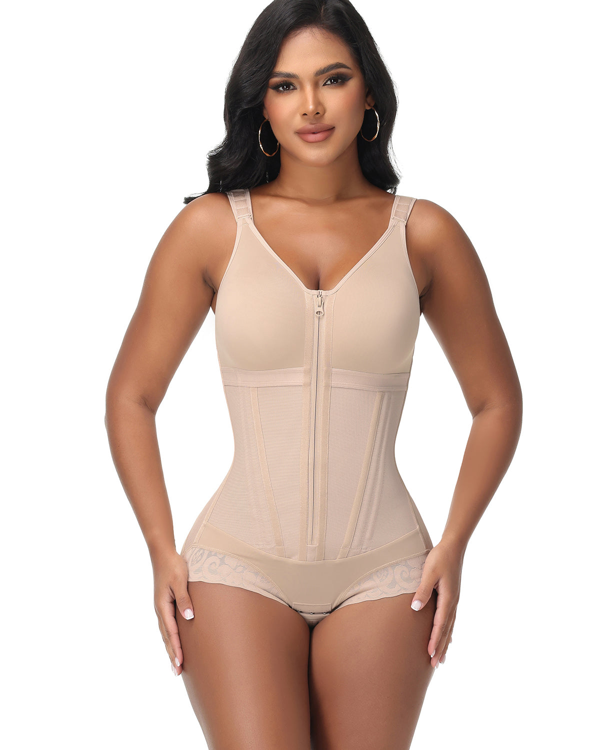 Double-Layer PowerMesh Hourglass Tummy Sculpt Zipper Bodysuit With Bra