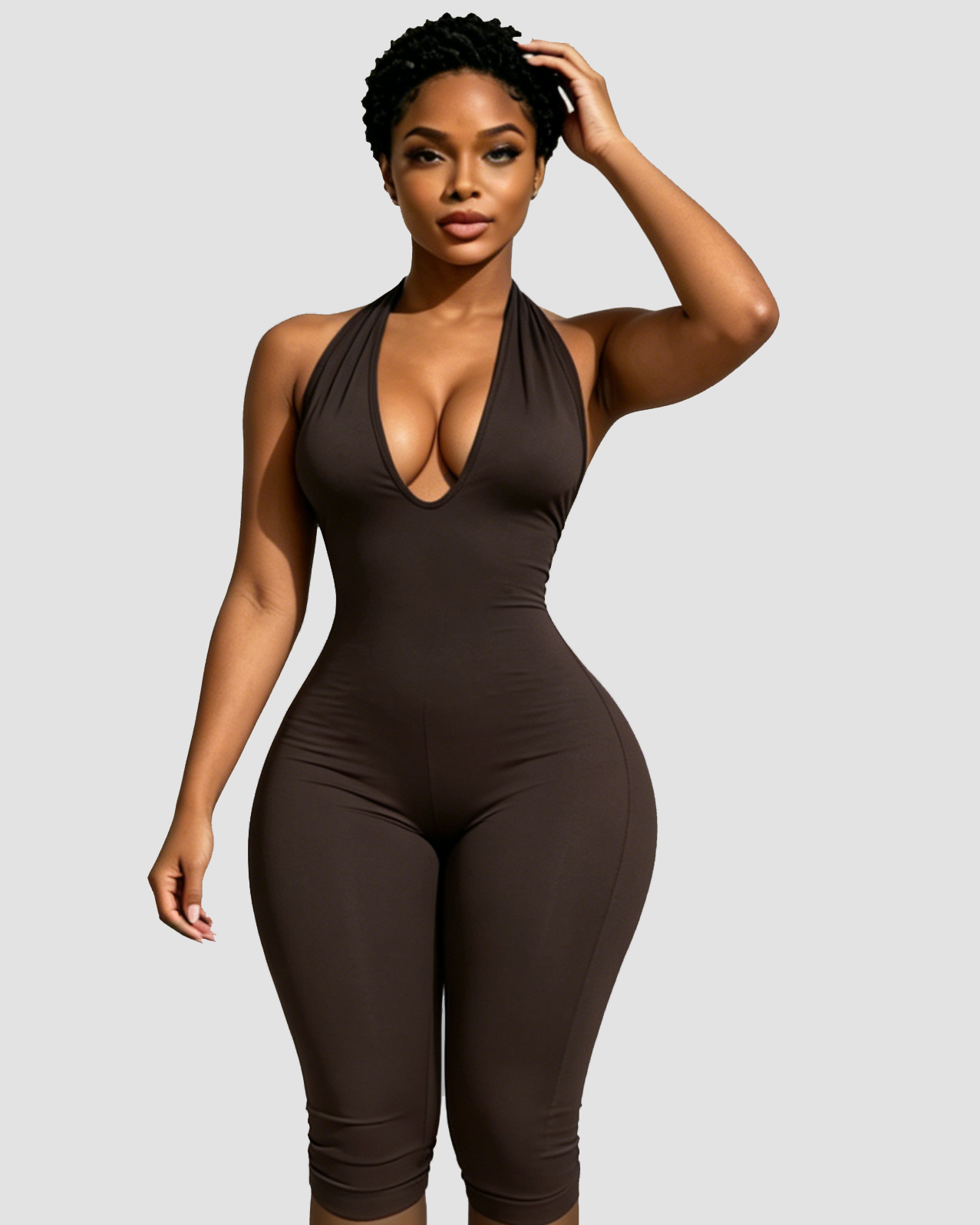 Hourglass Halter V Neck Backless Butt Lifting Capri Jumpsuit In Polk Dot - By Qivii