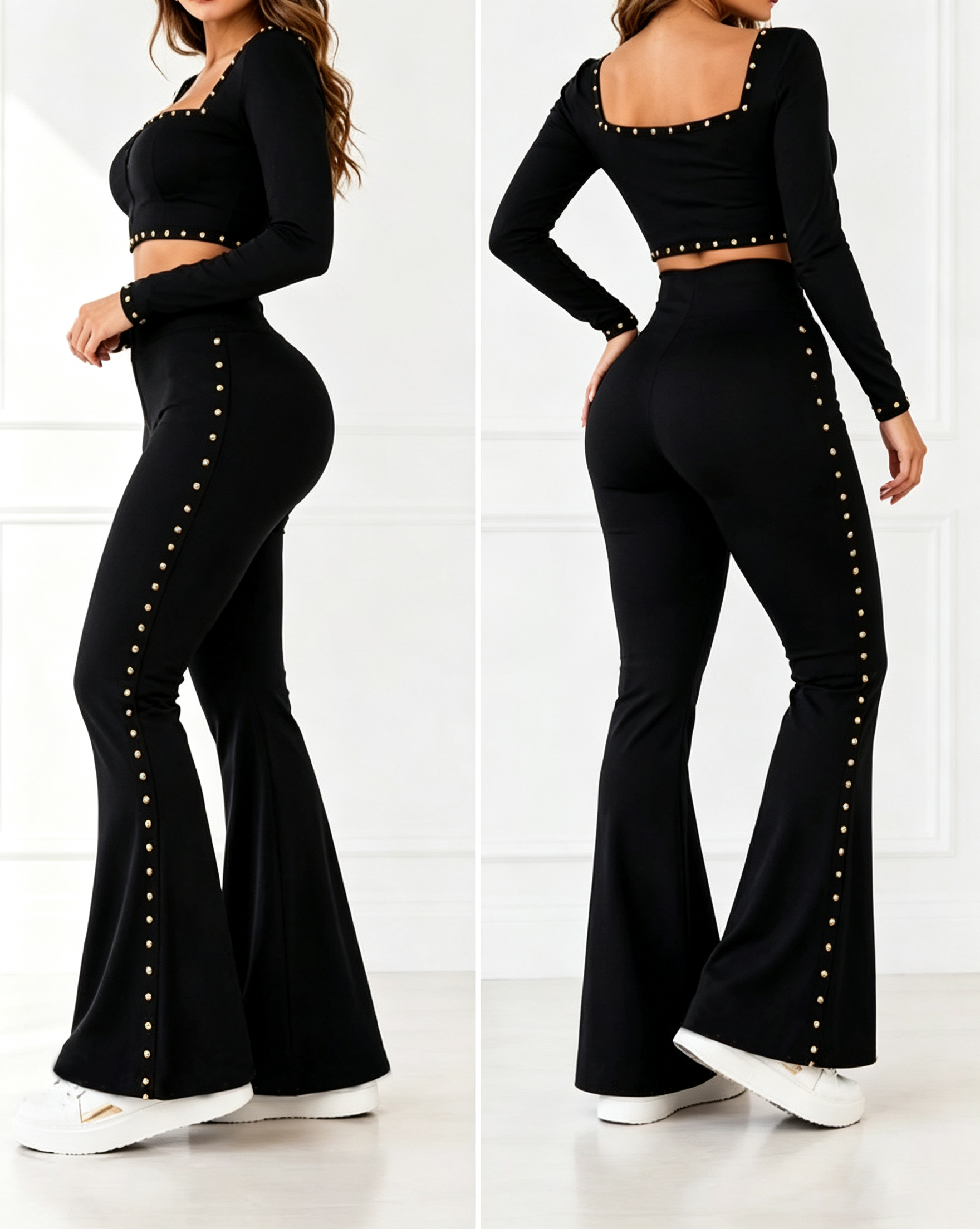 High Waist Studded Zipper Flared Tummy Control Shaping Pants - By Qivii