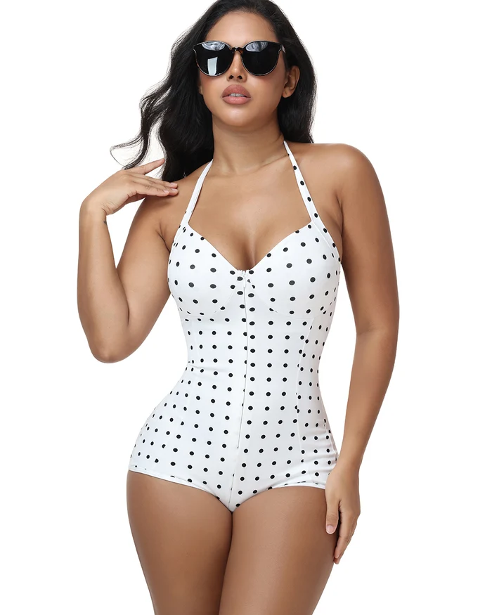 Polka Dot Halter Lace Up Back Zipper Bodysuit