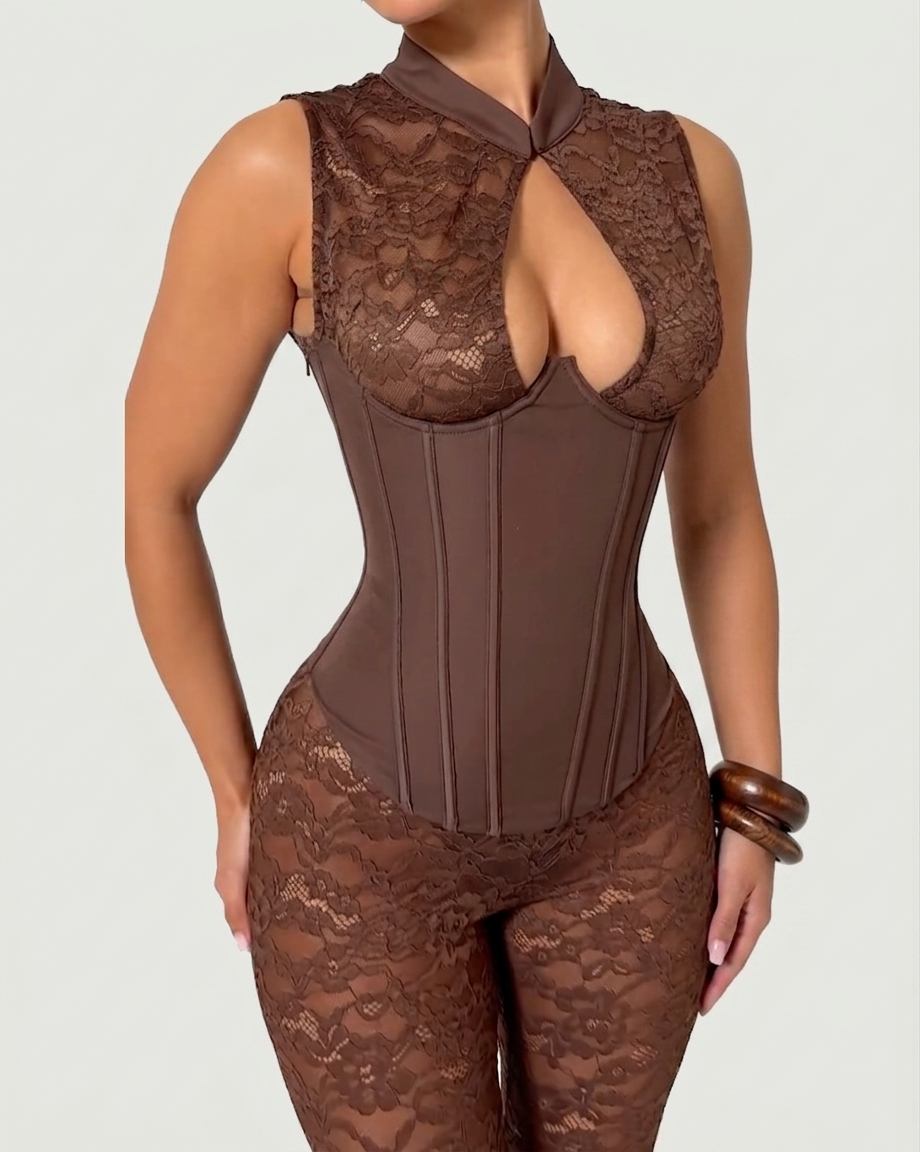 Sleeveless Lace Corset Capri Jumpsuit Two-piece Set - By Qivii