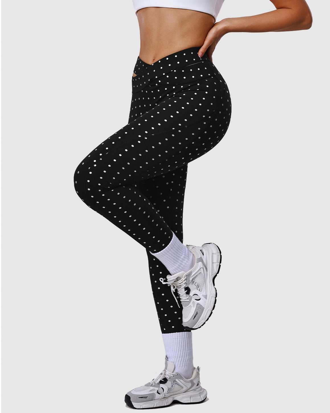 Silver Polka Dot Yoga Leggings Cross-cut Black Workout Pants - By Qivii