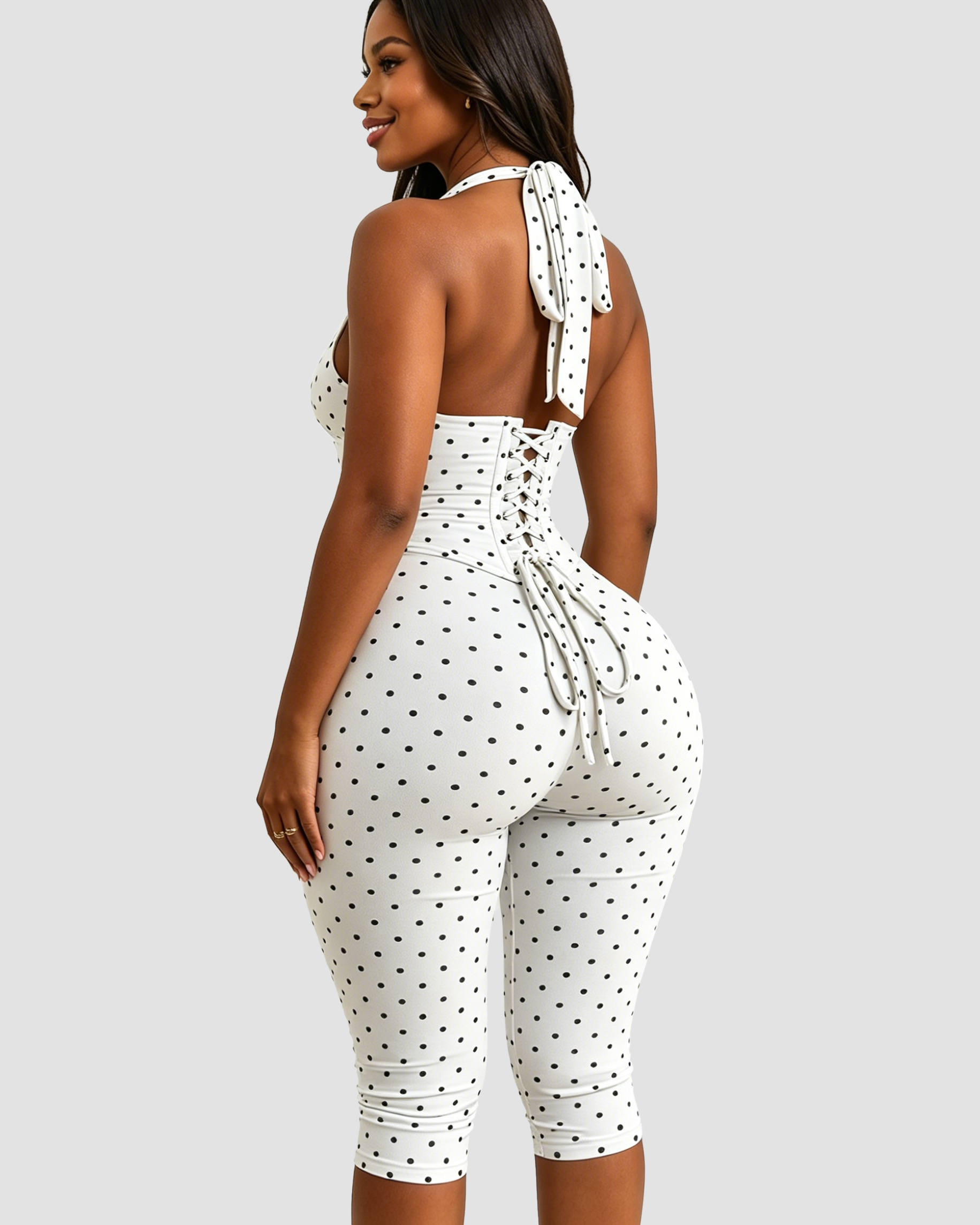 Hourglass Figure Body Shaper Waist Cincher Polka Dot Capri Jumpsuit Two-Piece Set - By Qivii