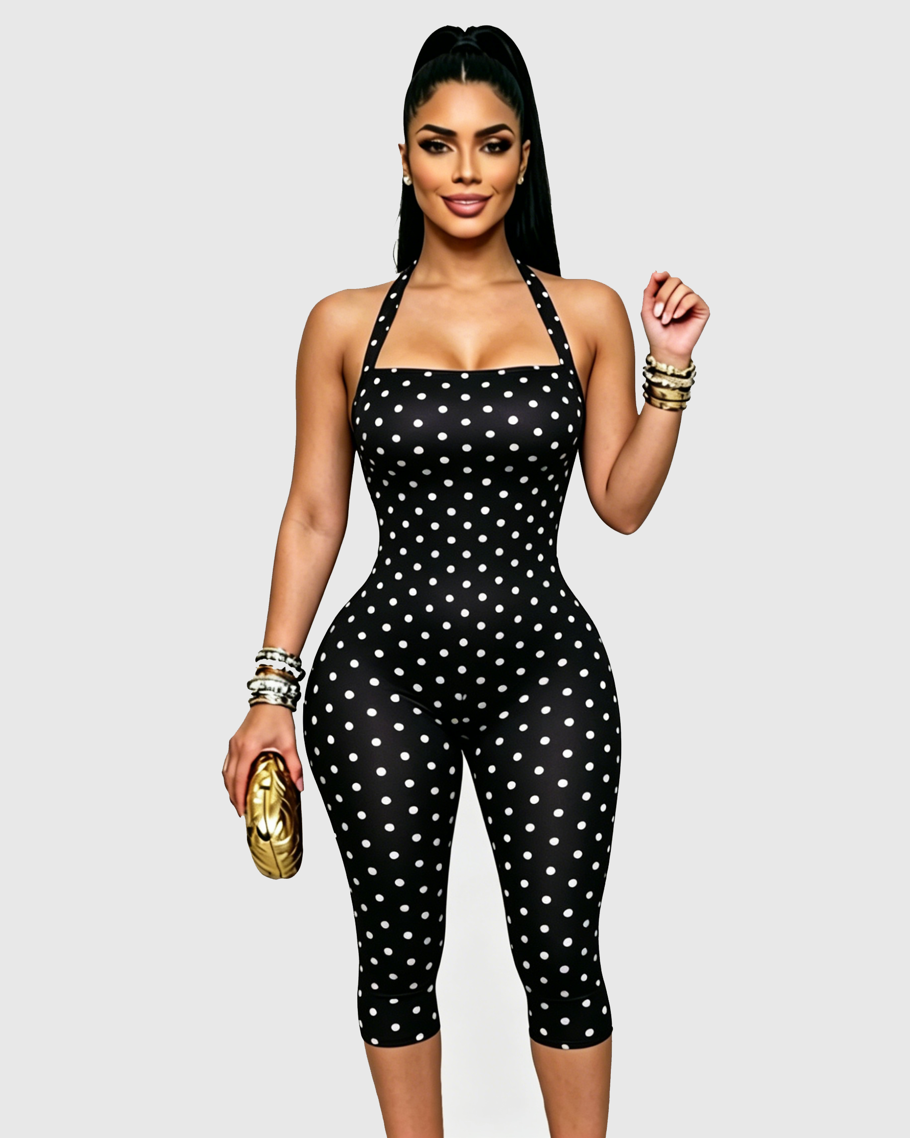 Polka Dot Halter Neck Open Back Skinny Capri Jumpsuit - By Qivii