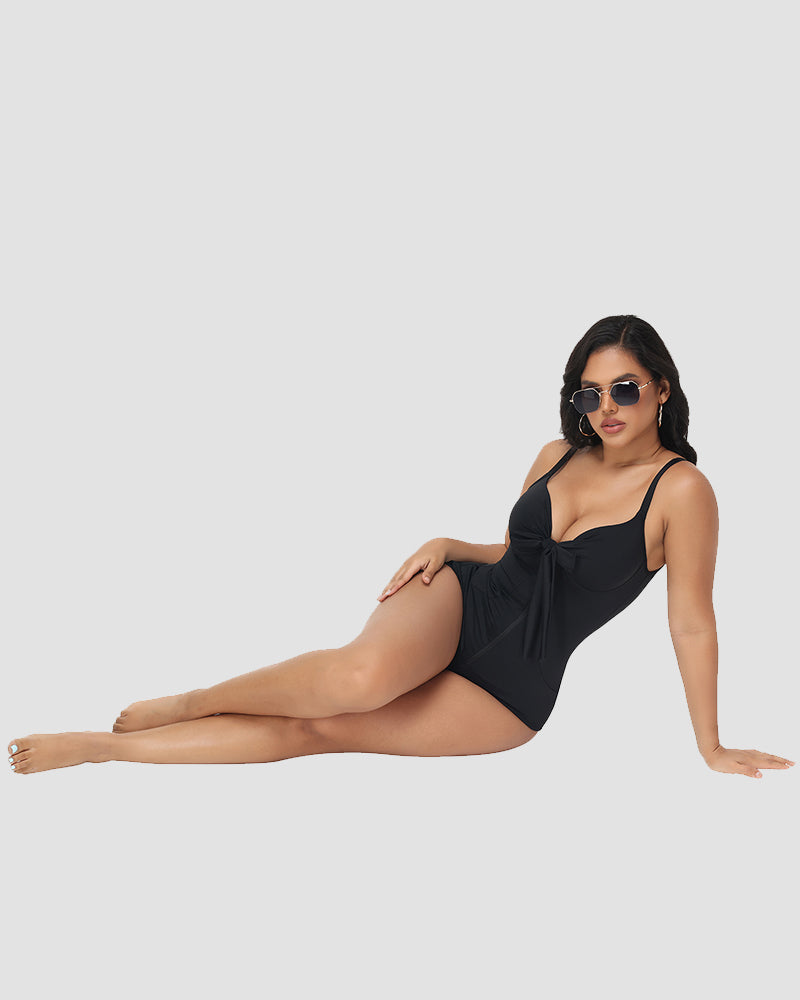 Shapshe® Shaping V Neck Swimsuit with Zipper and Bow - By Qivii
