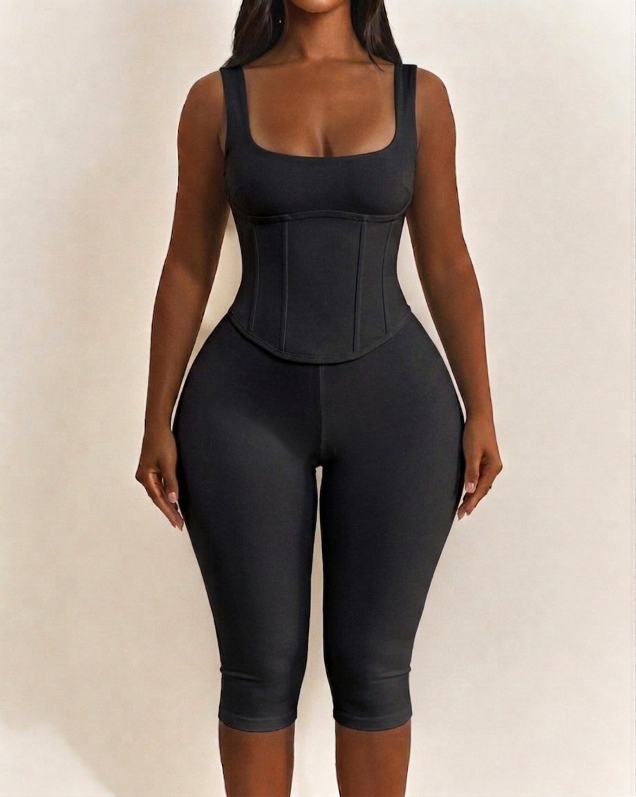 Polka Dot Square Neck Capri Jumpsuit with Hourglass Detachable Corset Two-Piece Set - By Qivii