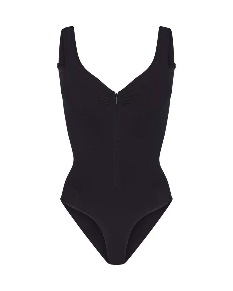 Deep V Seamless Backless Triangle Shapewear Bodysuit with Front Zipper