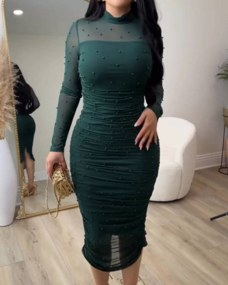 Elegant Mesh Paneled Ruched Bodycon Midi Dress with Mock Neck - By Qivii