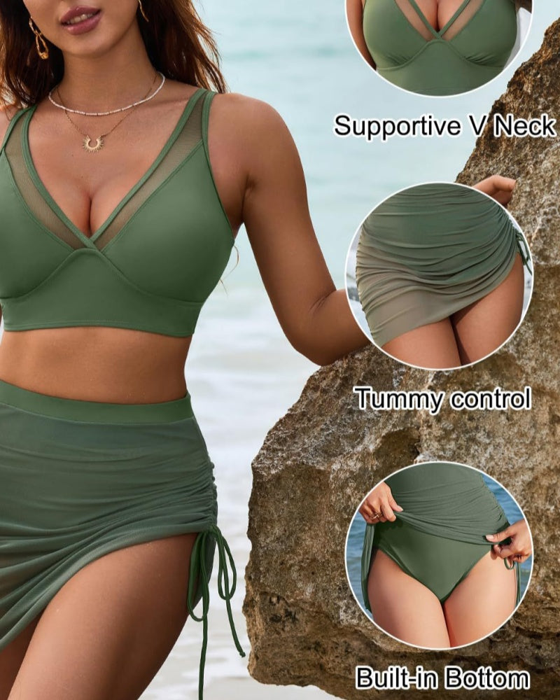 Sexy Deep V Mesh Shapewear Swimsuit Set with Side Drawstring - By Qivii
