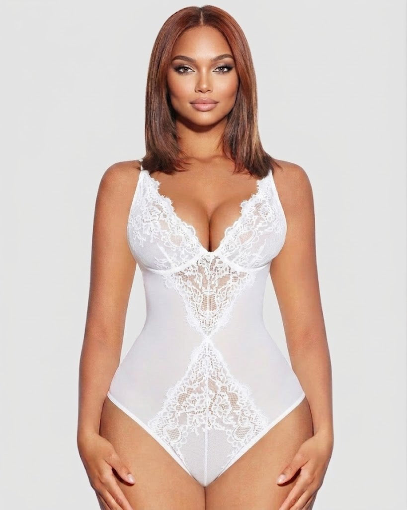 V Neck Tummy Control Low Back Thong Bodysuit - By Qivii