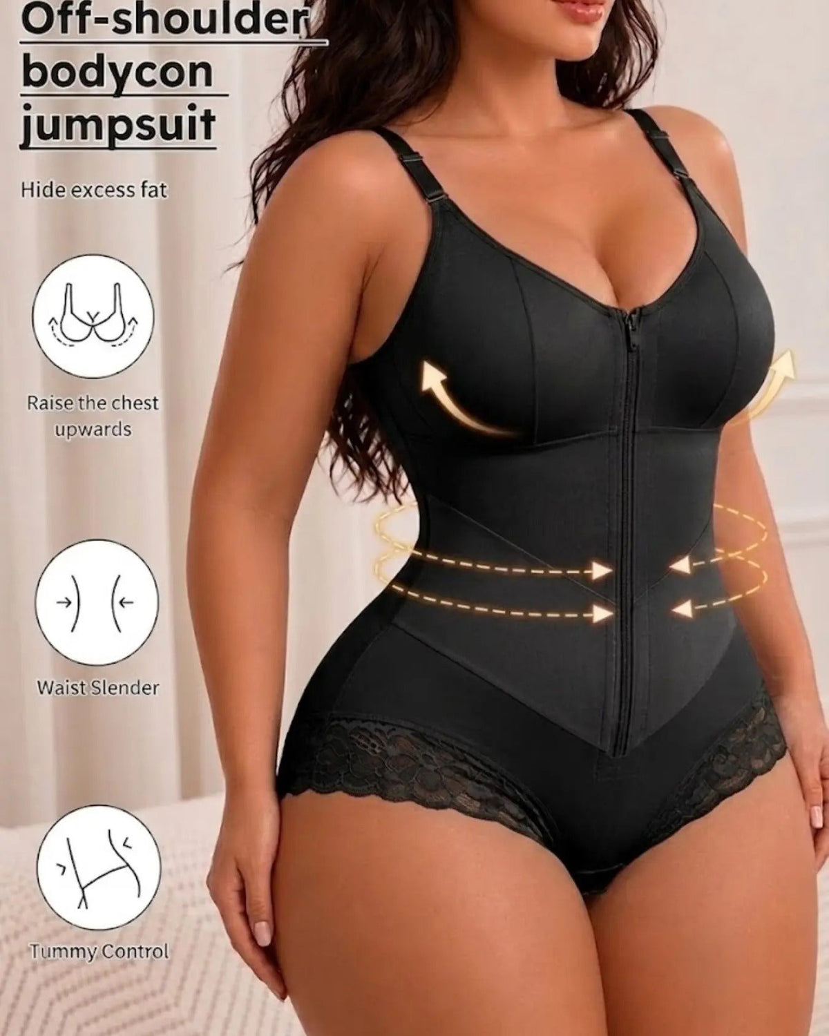 Front Zip Adjustable Strap Tummy Control Butt Lifting Bodysuit Shapewear