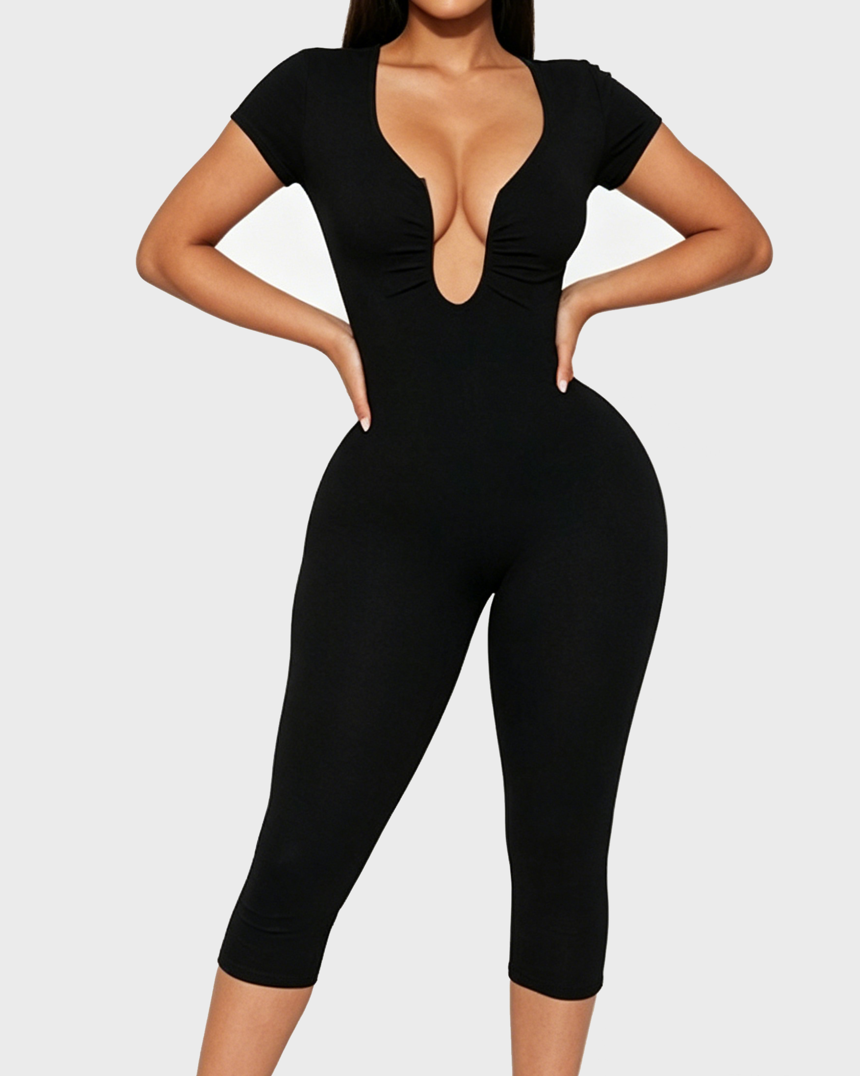 Short Sleeve Plunge Neck Bodycon Capri Jumpsuit with Back Zipper - By Qivii