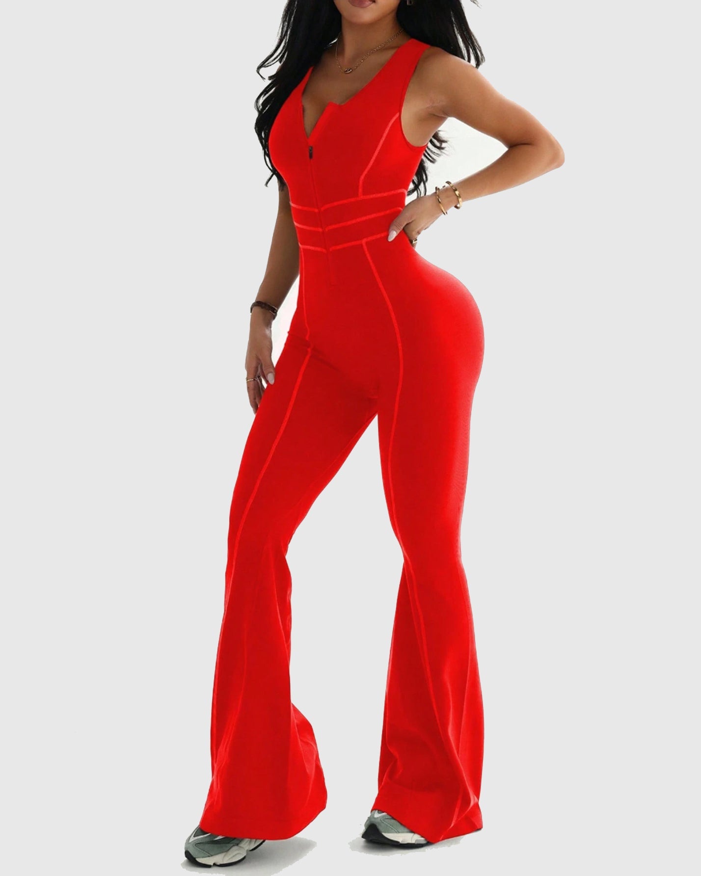 Front Zipper Cutout Back Sleeveless Flare Leg Slim-fit Jumpsuit - By Qivii