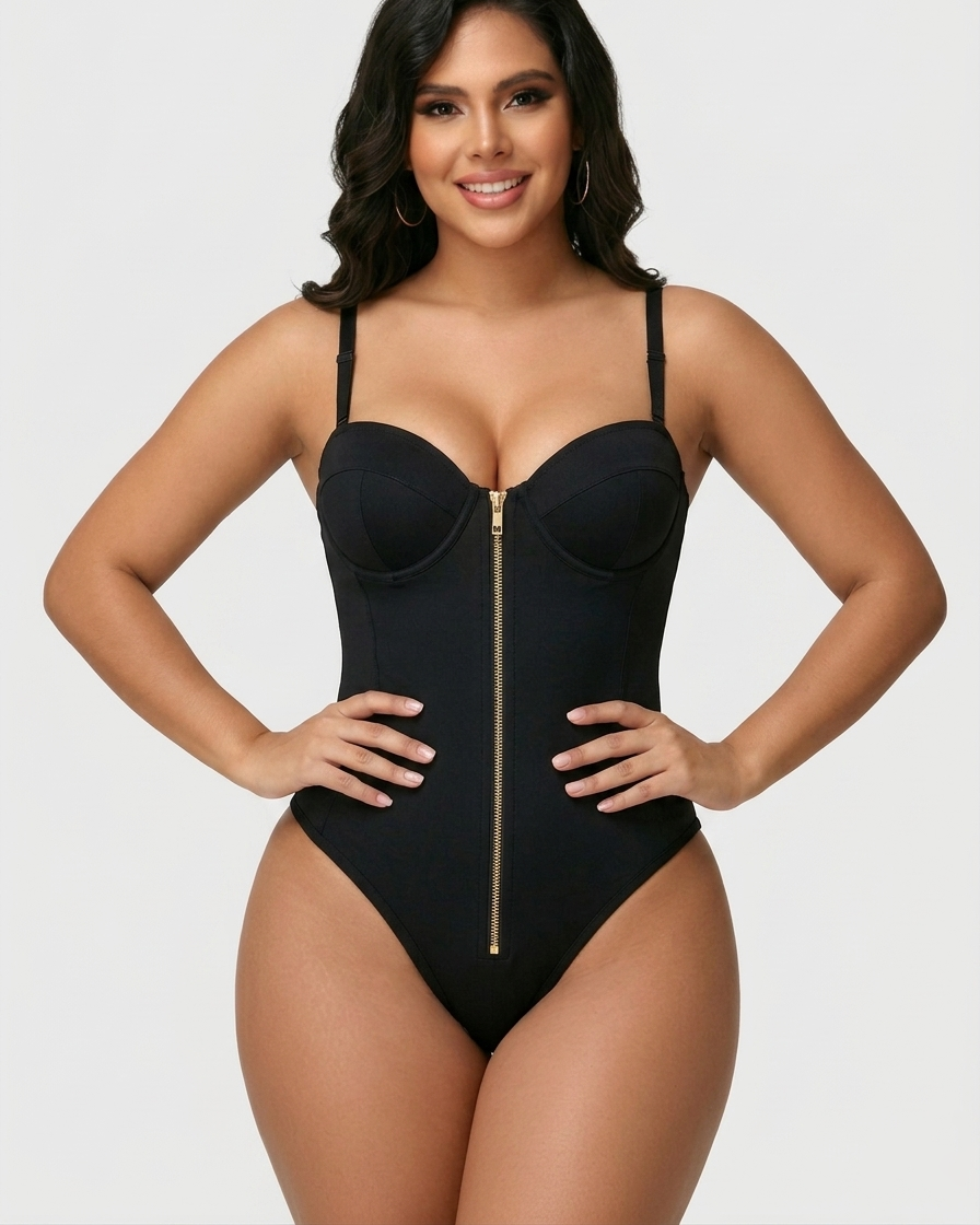 Hourglass Front Zipper Bodysuit with Lace-Up Back
