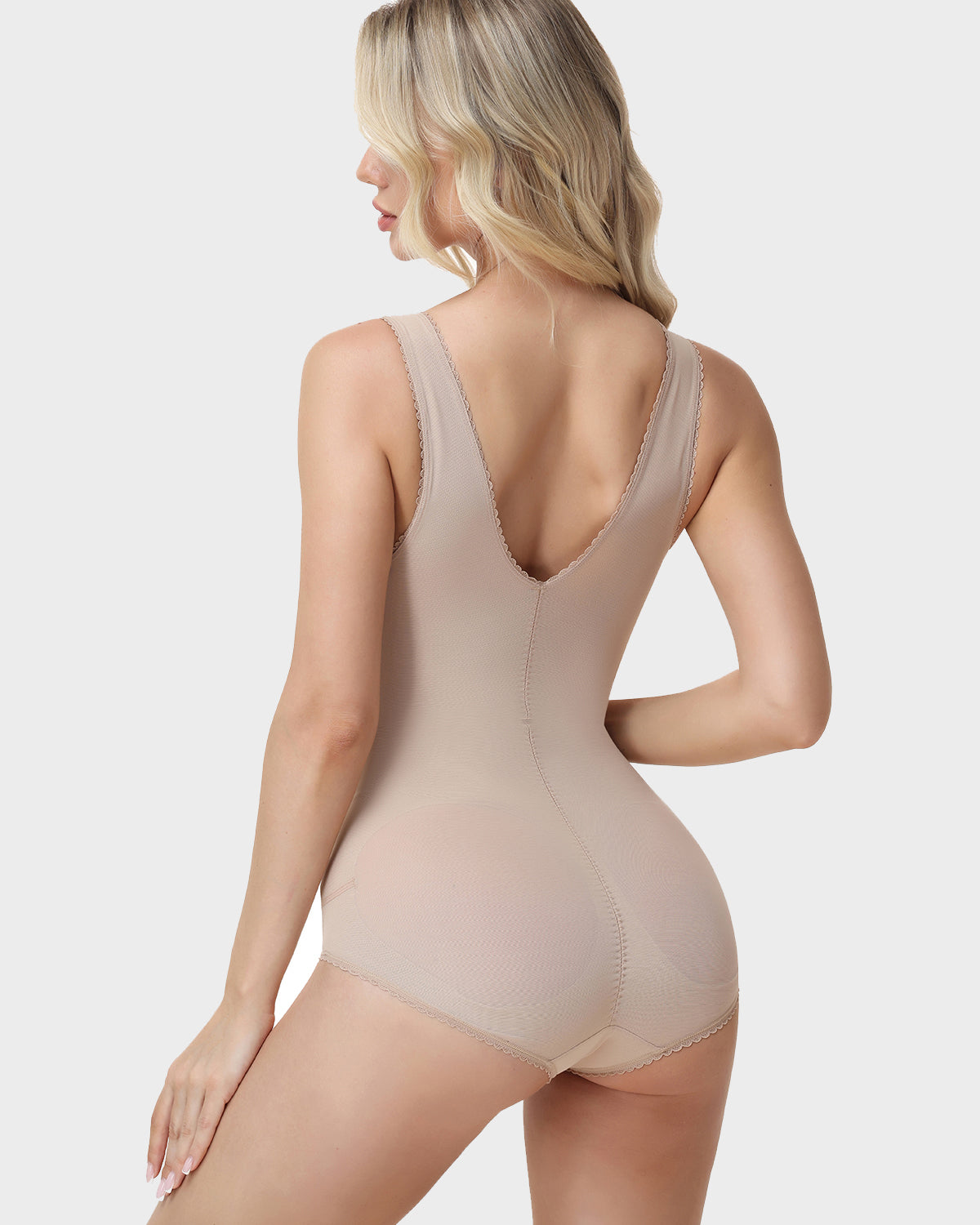 V Neck Lace Trim Sleeveless Bodysuit Tummy Control Butt Lifting Shaper