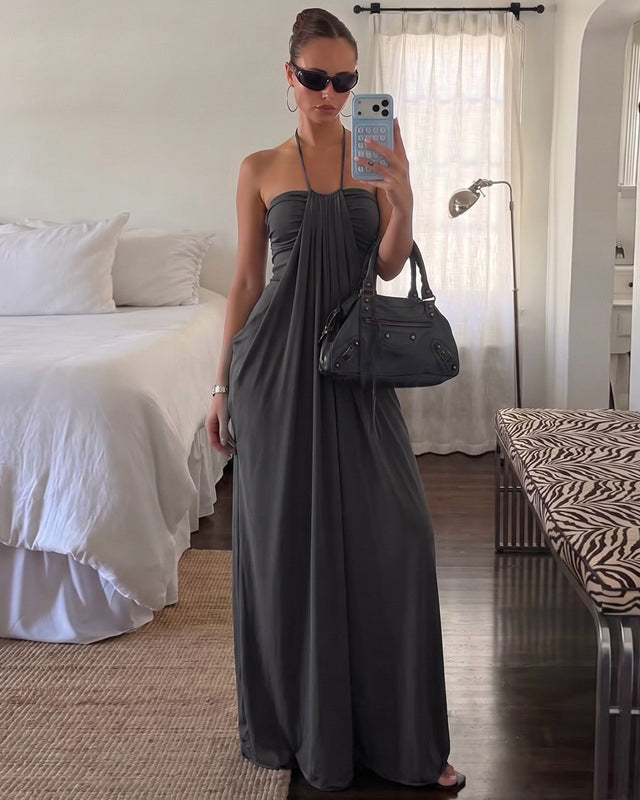 Halter Tie Back Built-in Bra Maxi Dress with Pockets - By Qivii