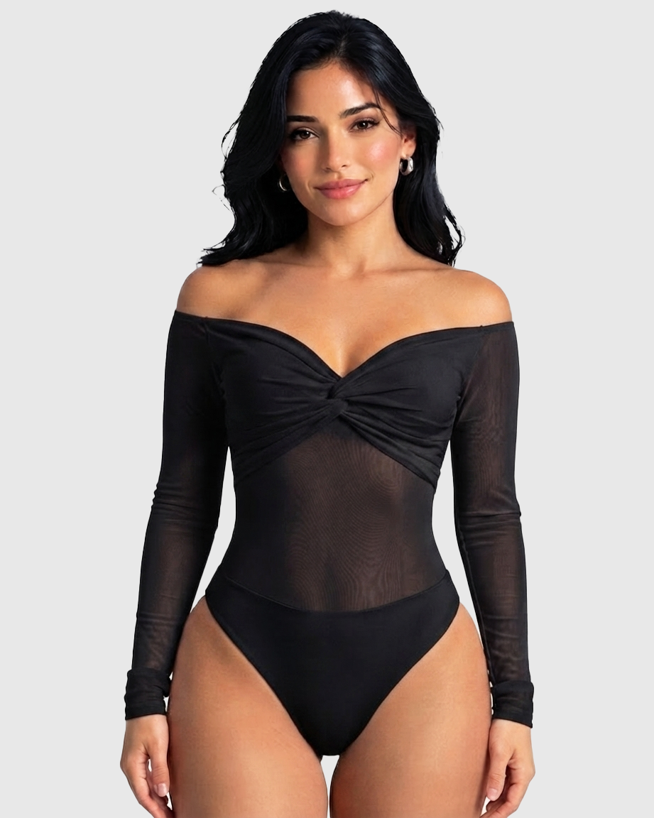 Off Shoulder Twist Front Mesh Long Sleeve Bodysuit - By Qivii