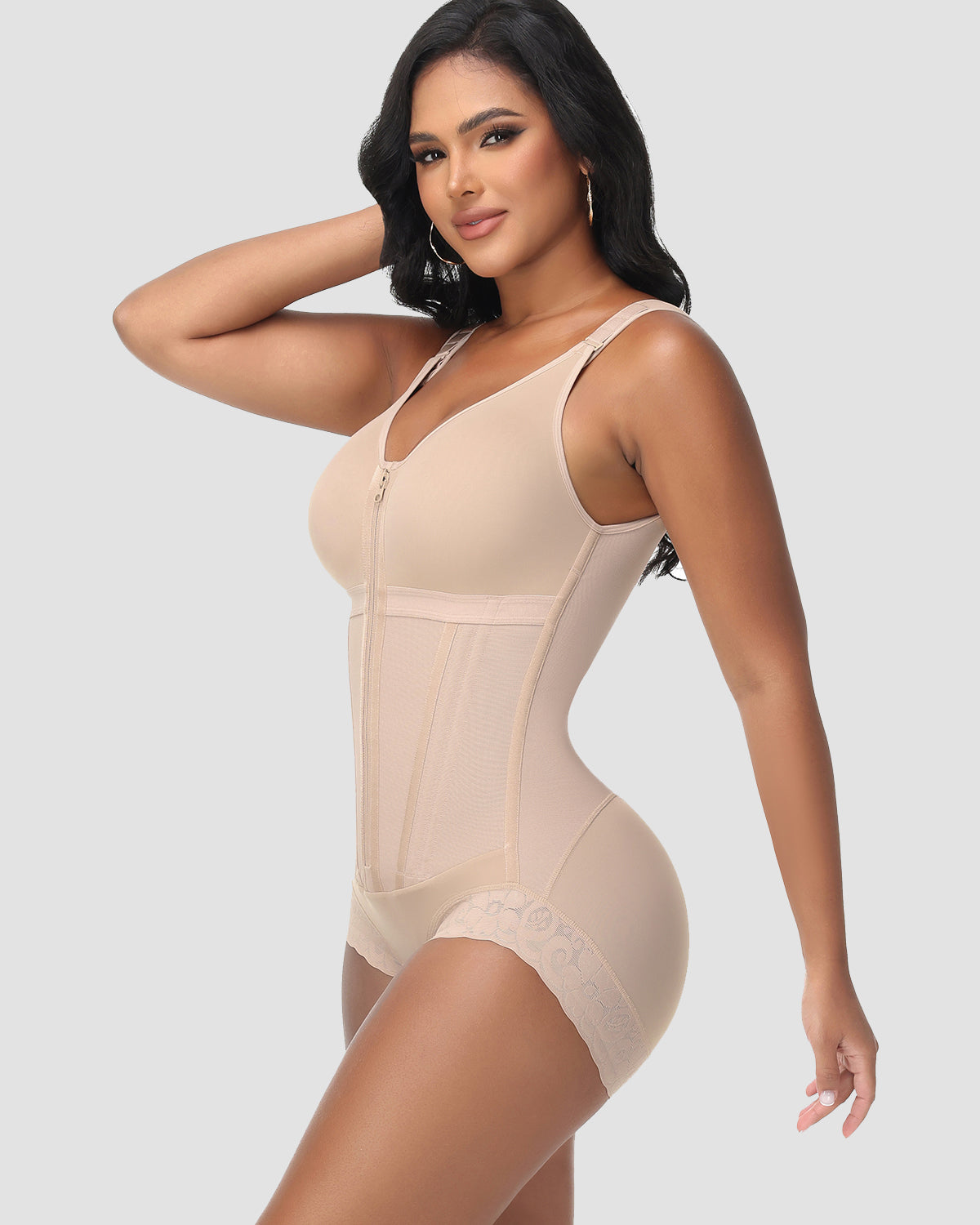 Double-Layer PowerMesh Hourglass Tummy Sculpt Zipper Bodysuit With Bra
