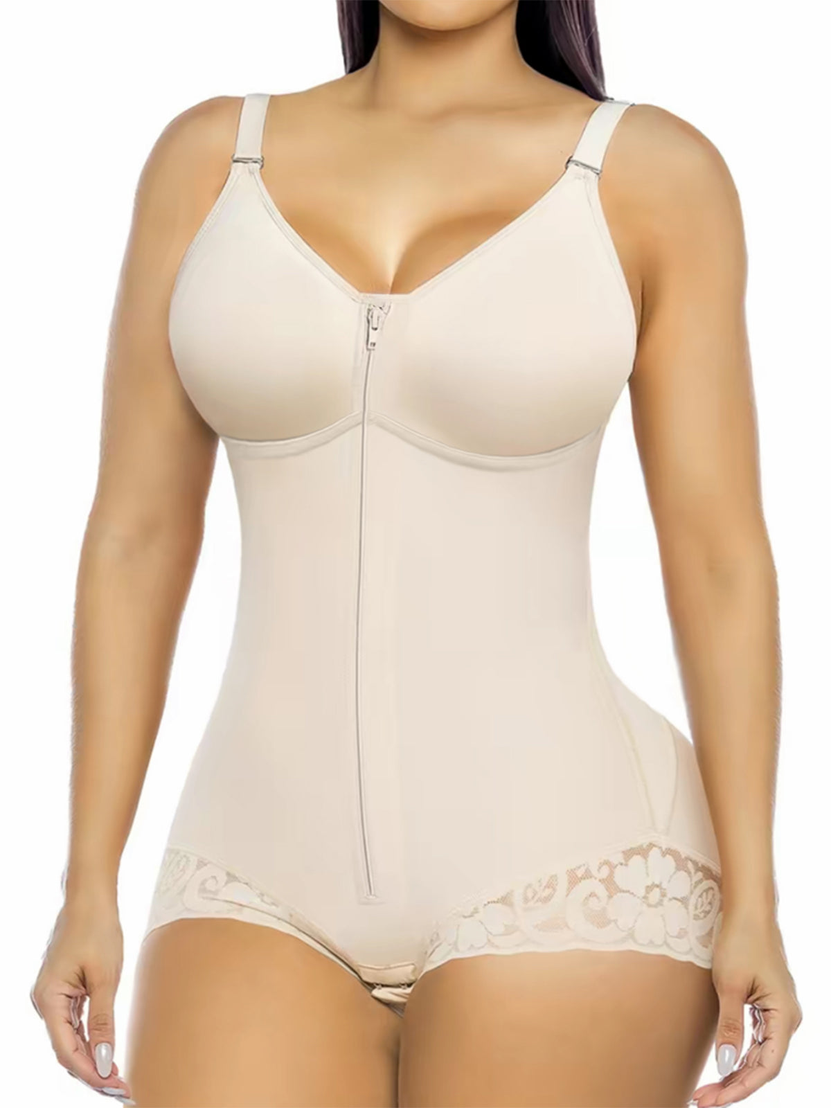 Lace-trimmed Tummy Control Zipper Shapewear Bodysuit