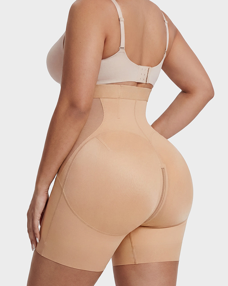 High Waist Zipper Tummy Control Butt Lifting Mid Thigh Mesh Shapewear Shorts