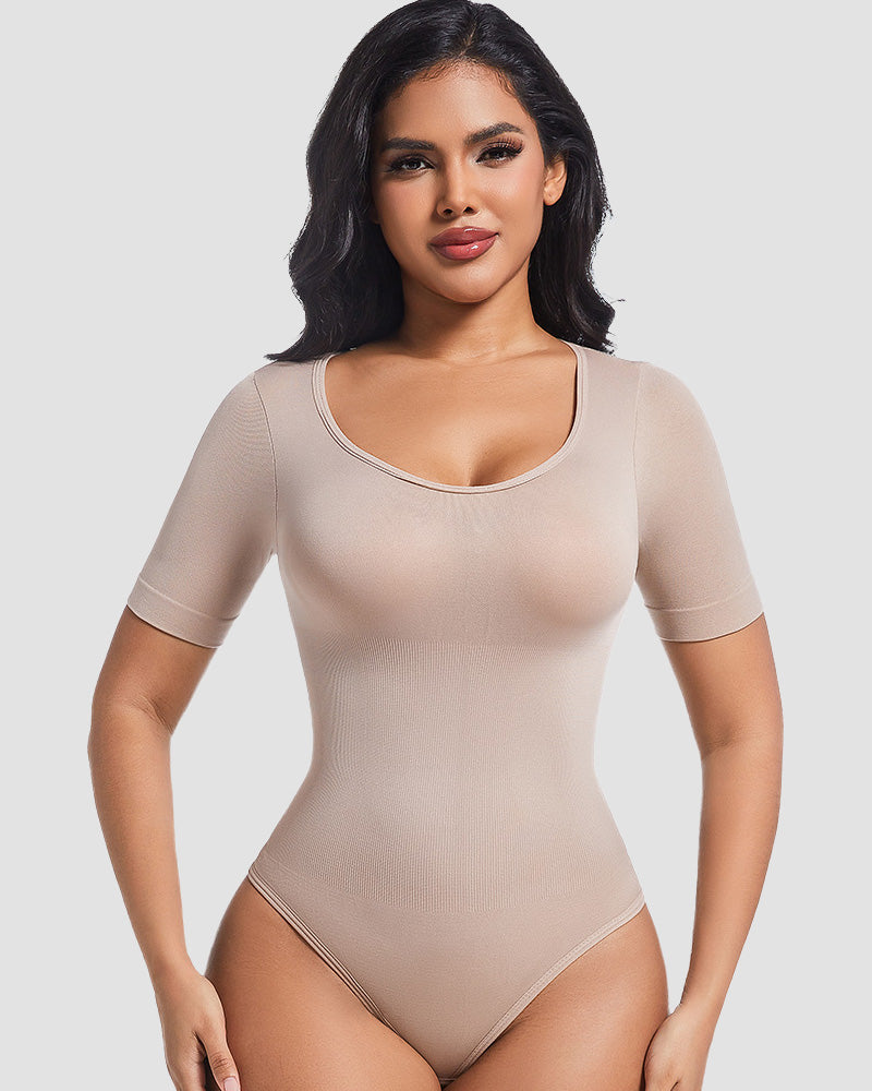 Seamless Short Sleeve Thong Bodysuit Tummy Control Round Neck Body Shaper