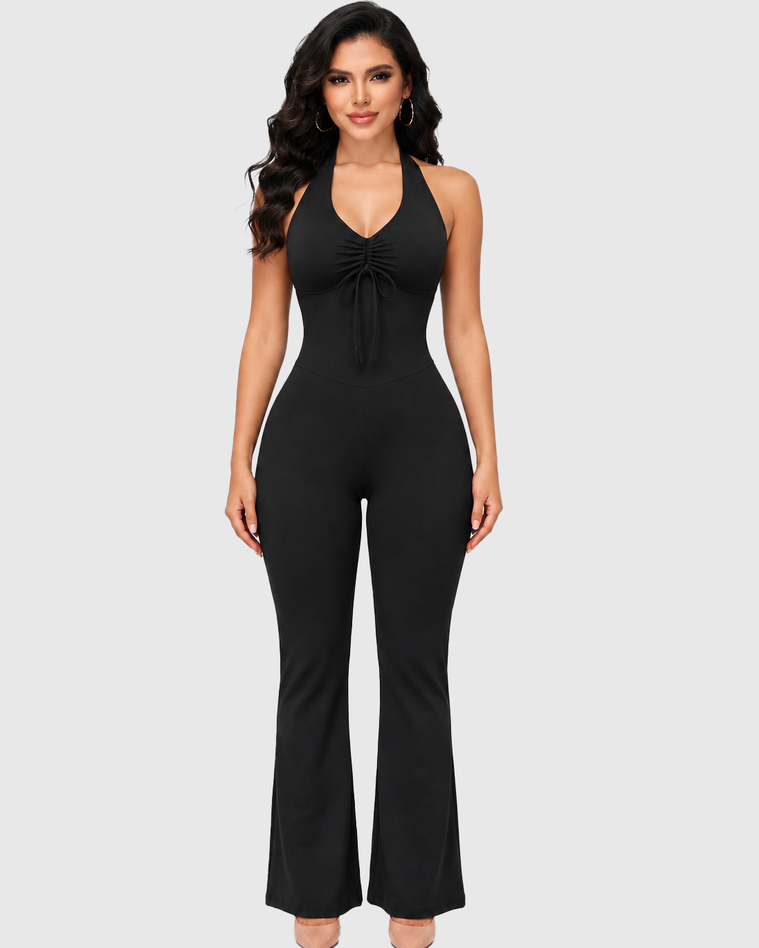 Front Drawstring Halter Mesh Back Flare Leg Jumpsuit - By Qivii
