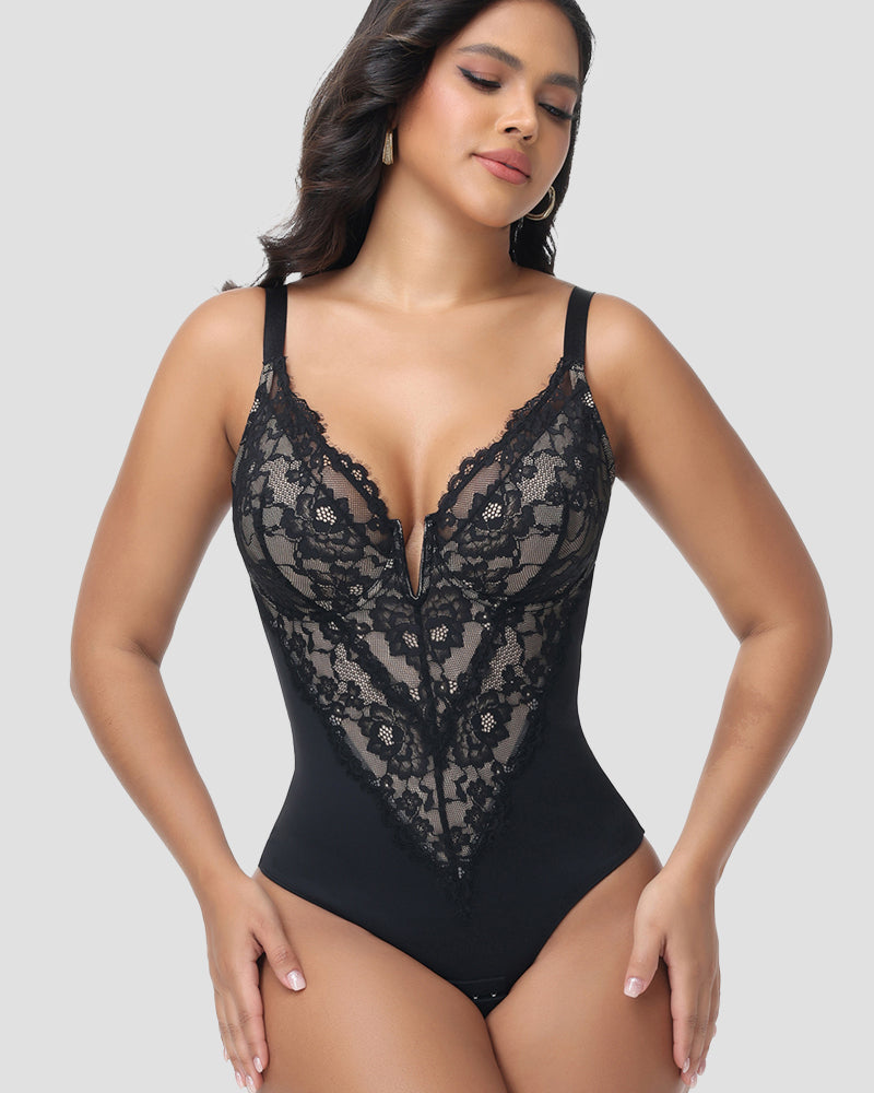 Shapshe® Sexy Plunge Lace Shapewear Bodysuit With Hook Crotch