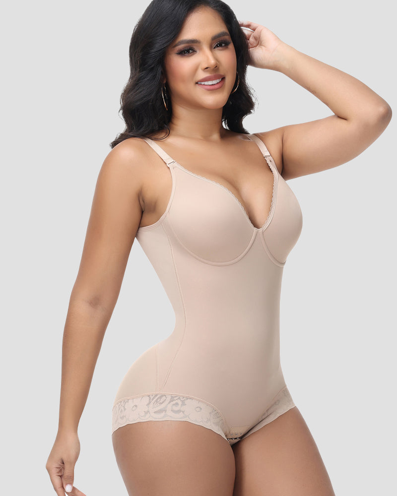 Shapshe® Lace Trimmed Built In Bra Tummy Tuck Shapewear Bodysuit