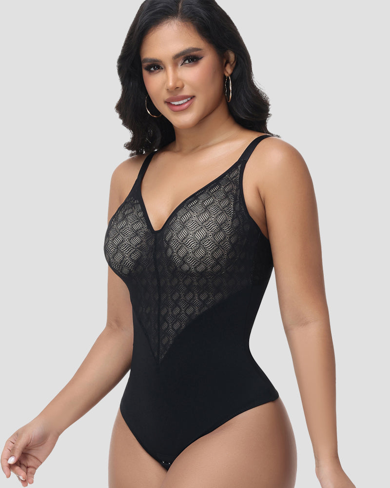Shapshe® V Neck Sheer Lace Tummy Control Shapewear Bodysuit