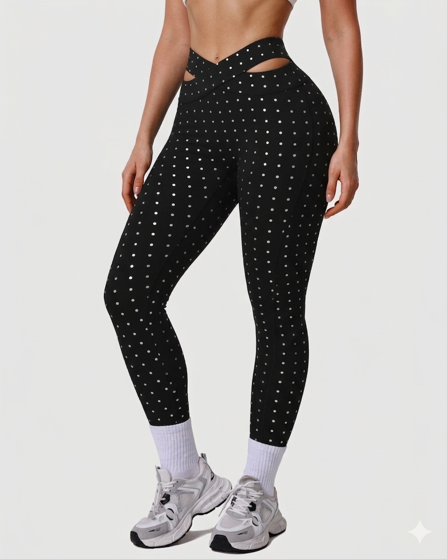 Silver Polka Dot Yoga Leggings Cross-cut Black Workout Pants - By Qivii