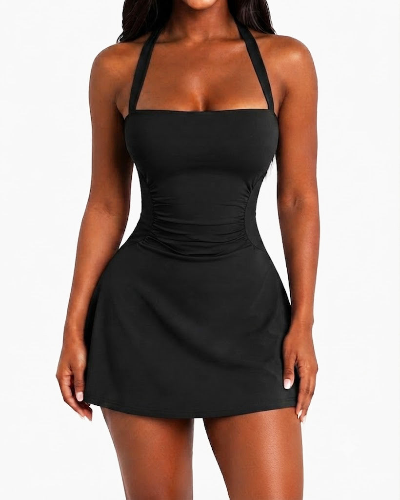 Halter Side Ruched Waist-cinching A Line Mini Dress - By Qivii