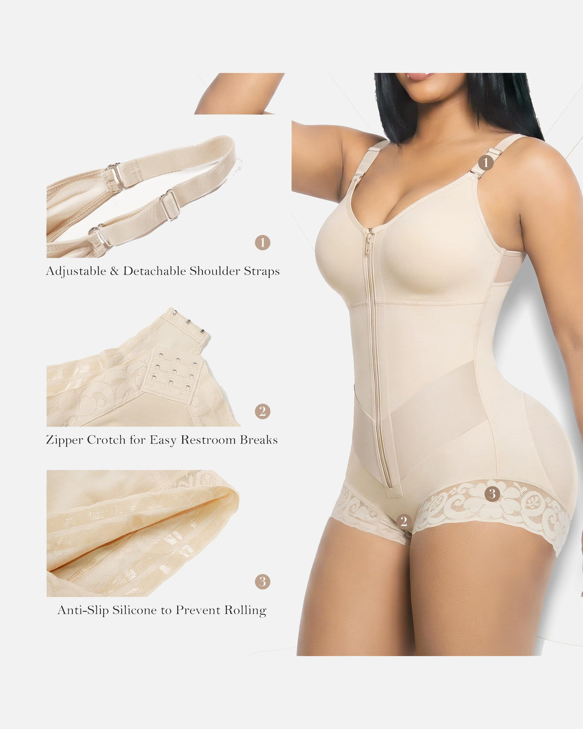 Lace Trim Adjustable Strap Tummy Control Butt Lifting Zipper Bodysuit