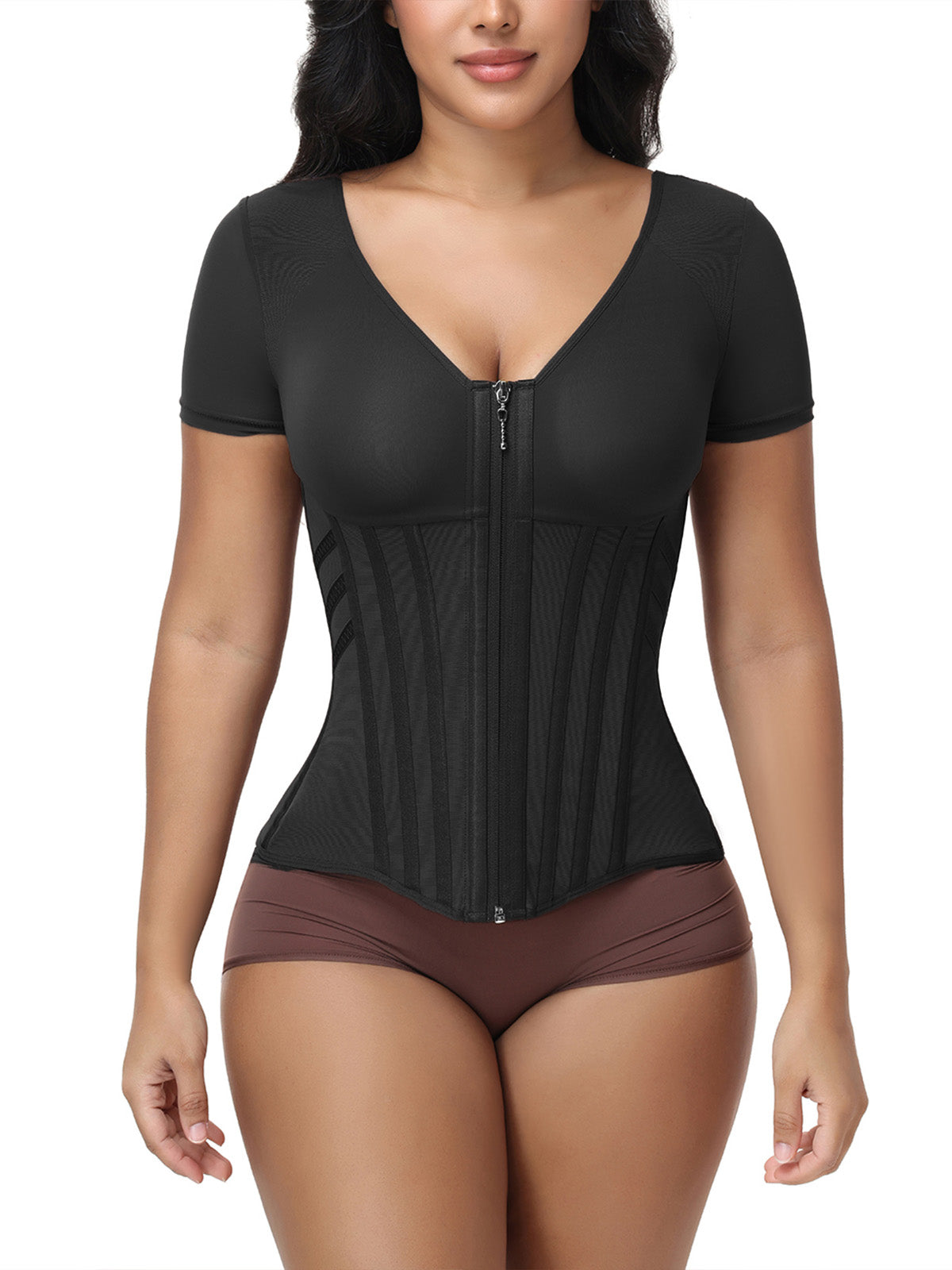 V Neck Front Zipper Short Sleeve Segmented Bone Waist Trainer Compression Shaping Top