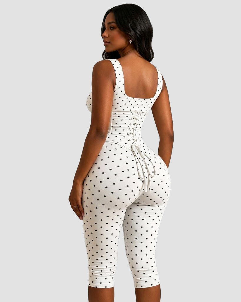 Polka Dot Square Neck Capri Jumpsuit with Hourglass Detachable Corset Two-Piece Set - By Qivii