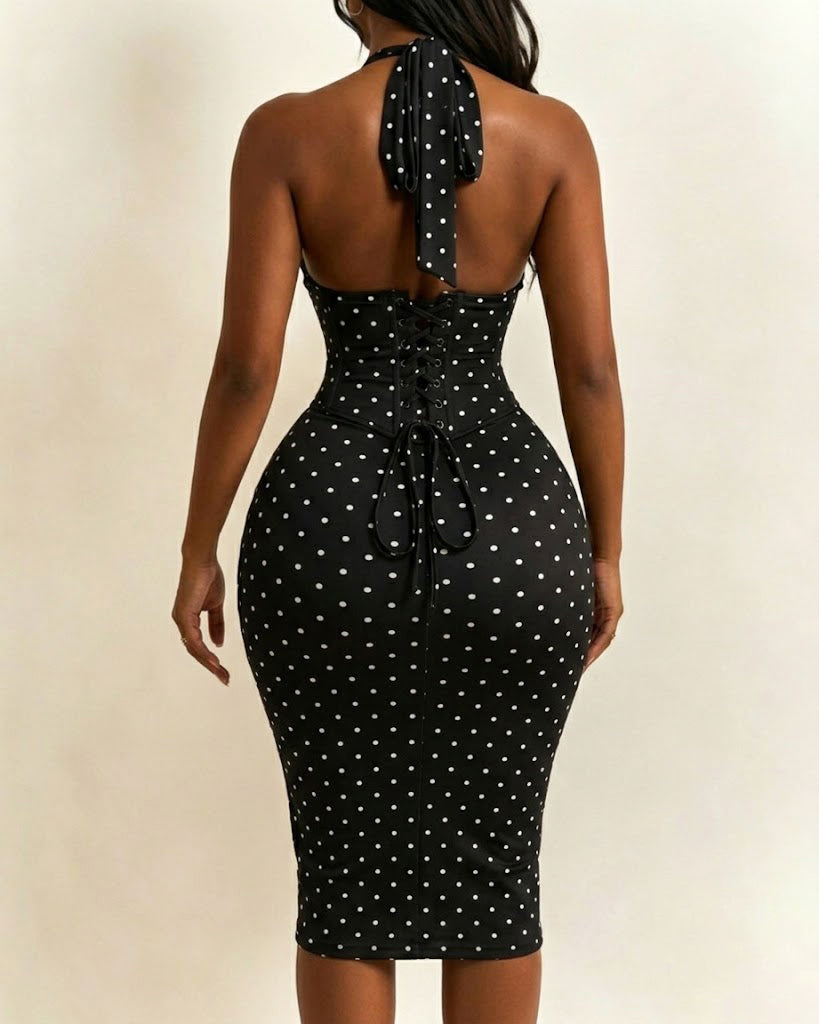 Polka Dot Corset Halter Midi Dress with Lace-Up Back - By Qivii