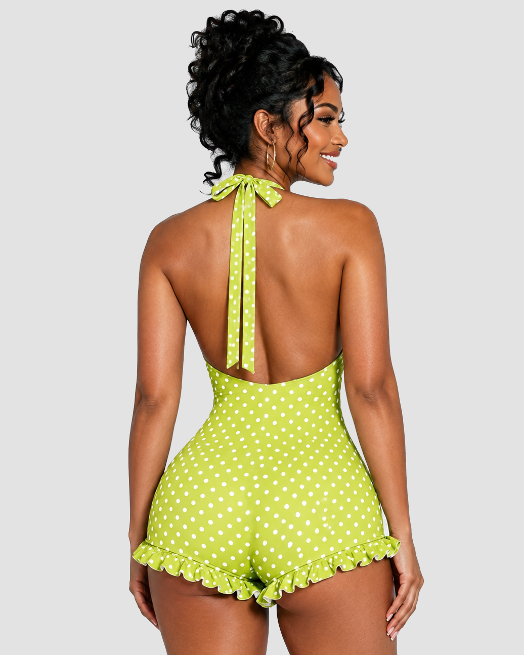 Polka Dot Halter Neck Ruffle Hem Romper - By Qivii