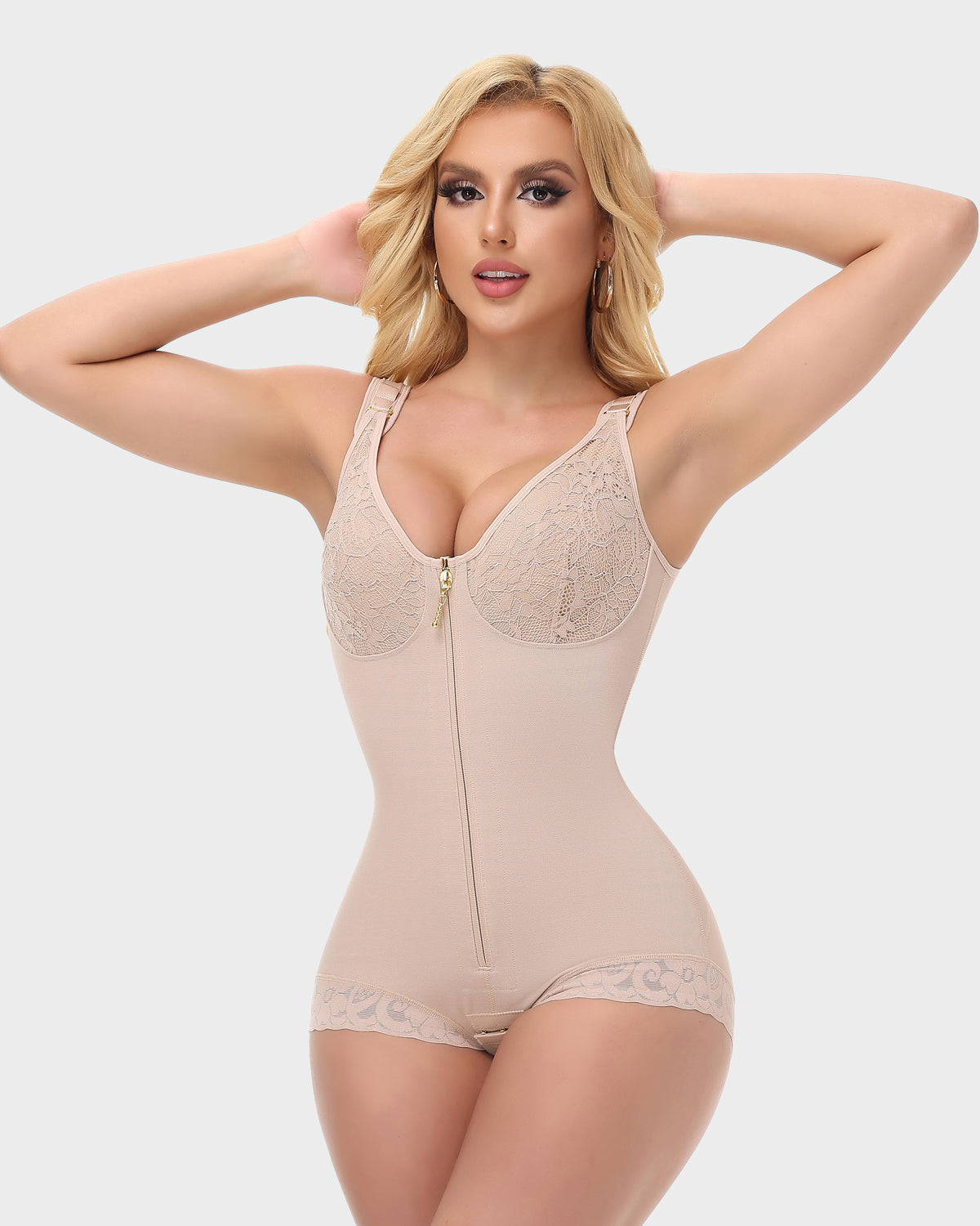 Lace V Neck Adjustable Strap Tummy Control Butt Lifting Zipper Bodysuit