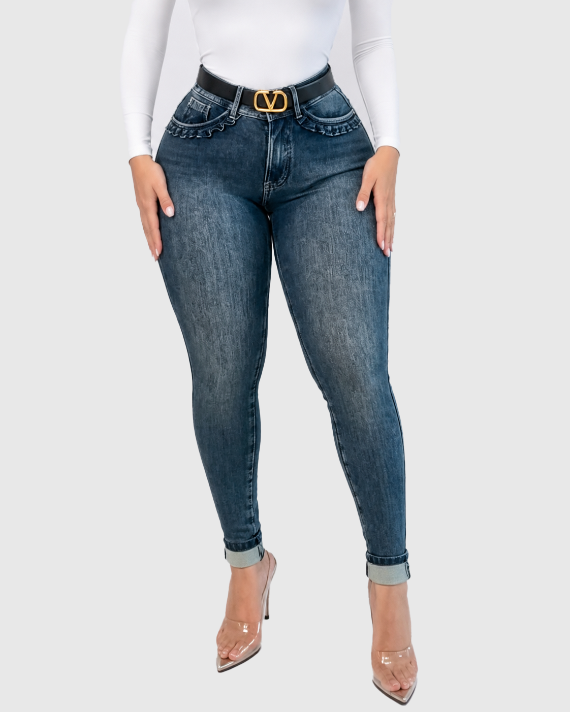 High Waist Ruffle Pocket Stretch Skinny Butt Lifting Jeans - By Qivii
