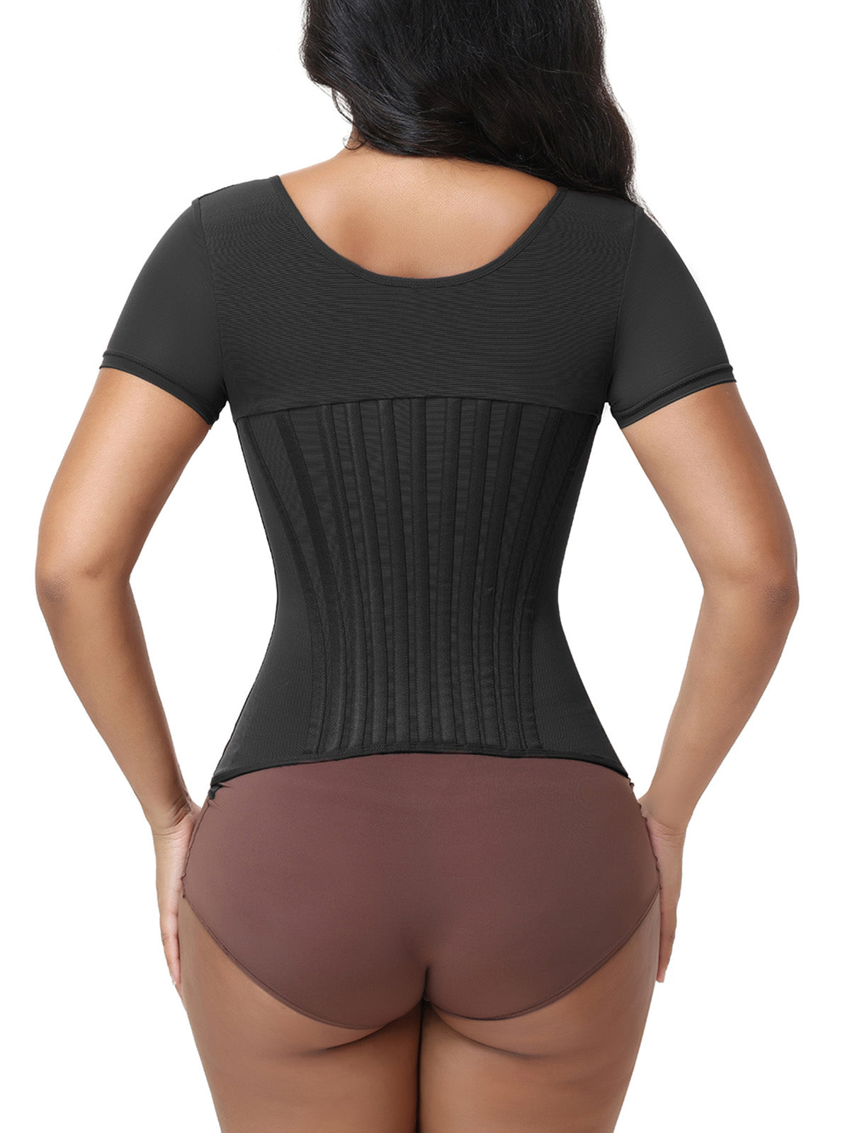 V Neck Front Zipper Short Sleeve Segmented Bone Waist Trainer Compression Shaping Top