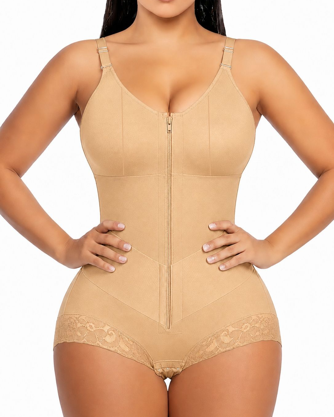 Front Zip Adjustable Strap Tummy Control Butt Lifting Bodysuit Shapewear