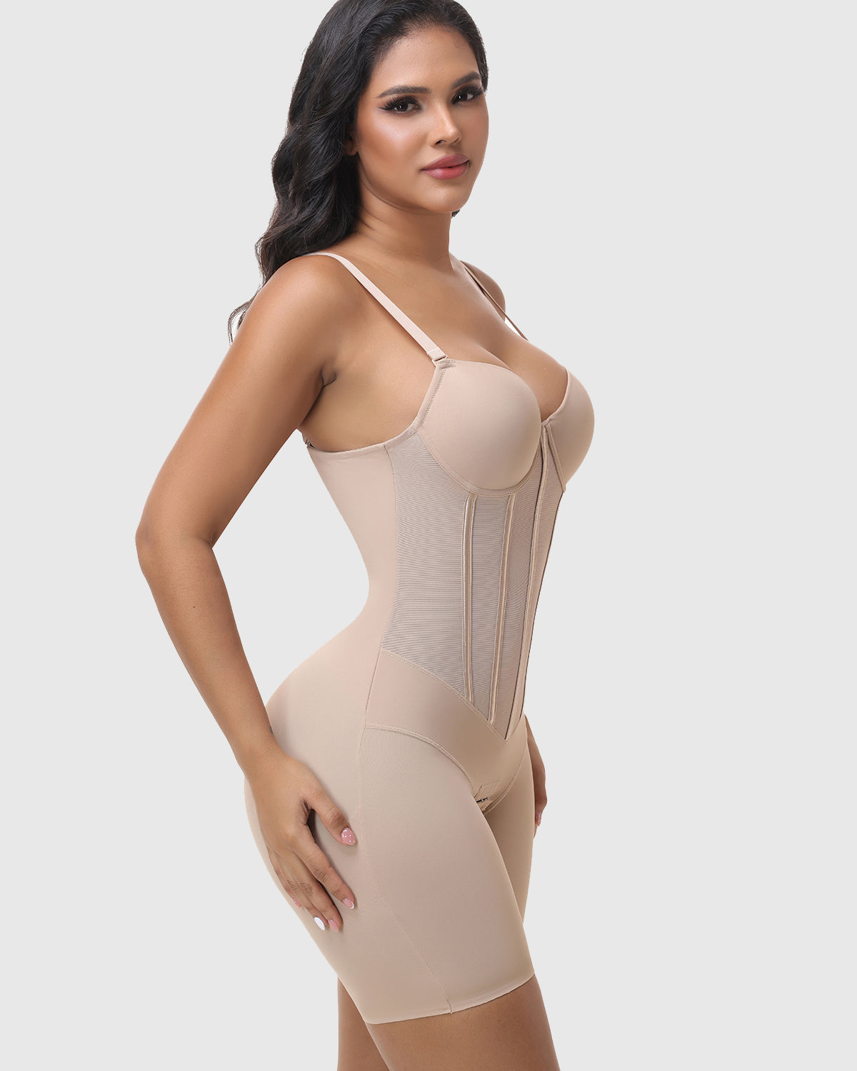 Deep V Adjustable Strap Crotch Closure Mid Thigh Bodysuit Full Body Shapewear