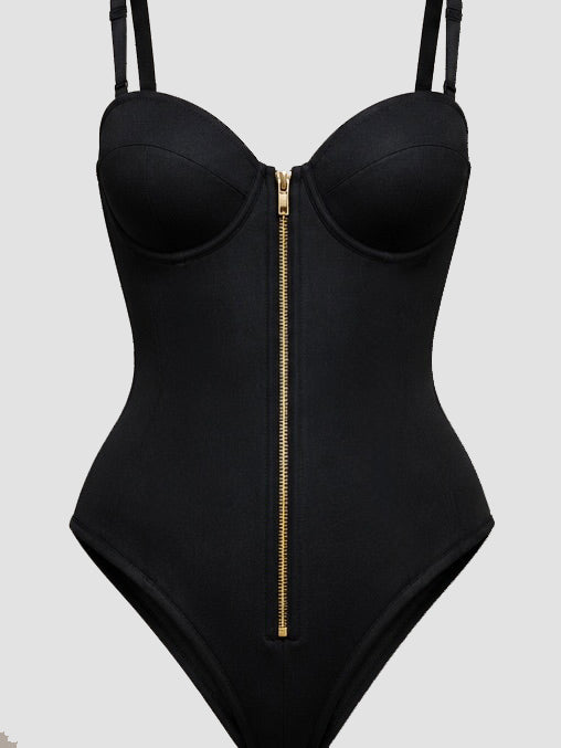 Hourglass Front Zipper Bodysuit with Lace-Up Back