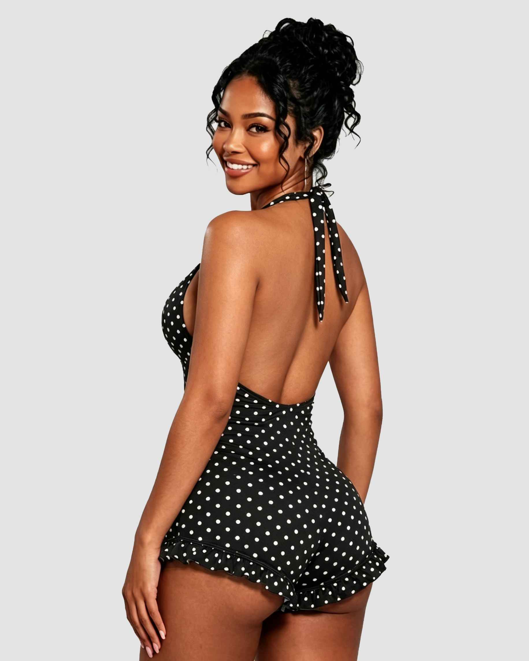 Polka Dot Halter Neck Ruffle Hem Romper - By Qivii