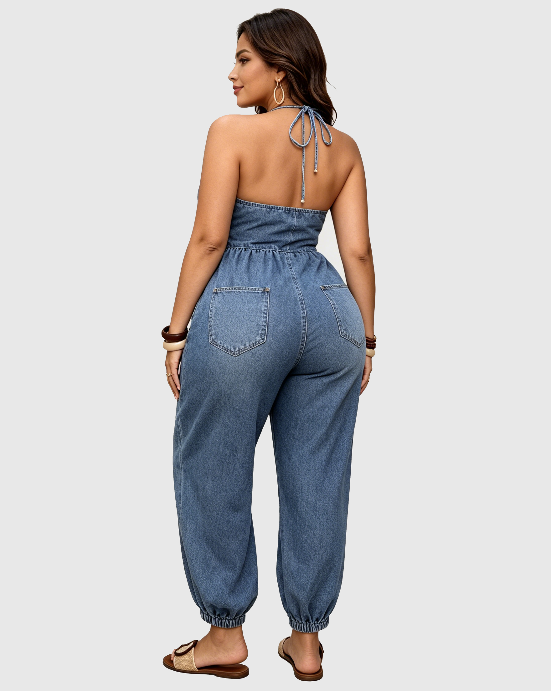 Halter Backless Pocket Jogger Denim Jumpsuit - By Qivii