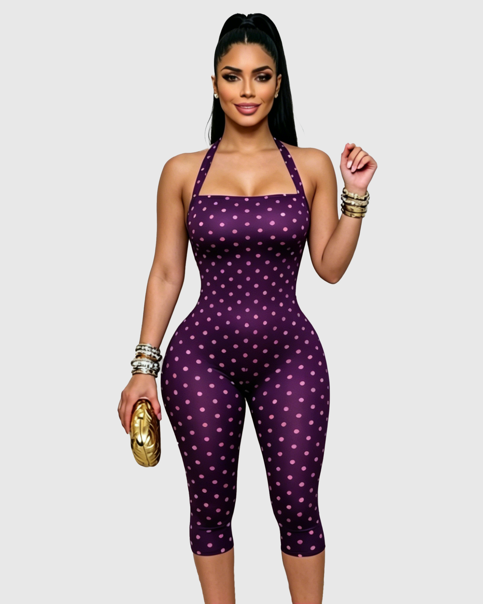 Polka Dot Halter Neck Open Back Skinny Capri Jumpsuit - By Qivii