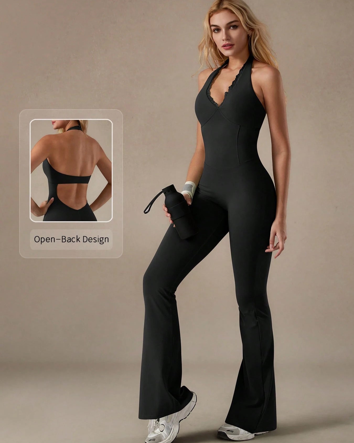 V-neck Lace-trimmed Halter Neck Yoga Sports Fitted Jumpsuit - By Qivii